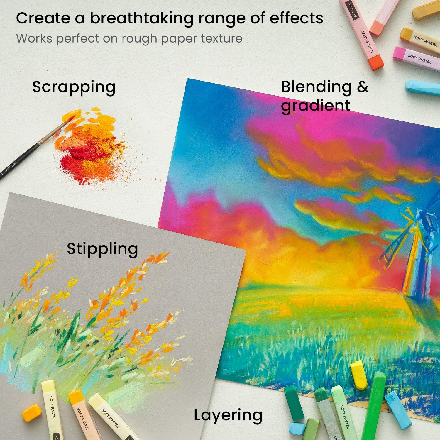 ARTEZA Soft Pastels for Artists, Set of 72 Chalk Pastels for Artists Sticks, Chalk Crayons